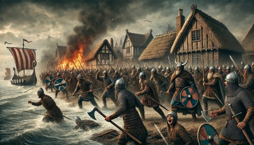  A dramatic 9th-century scene of Vikings raiding an English coastal town. Viking warriors in traditional leather and metal armor, some with helmets and