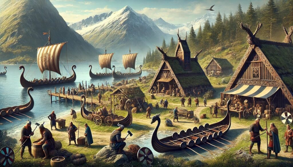 A scenic, rugged Scandinavian landscape with a Viking community settled near a fjord coastline. In the foreground, Viking figures engage in daily activity