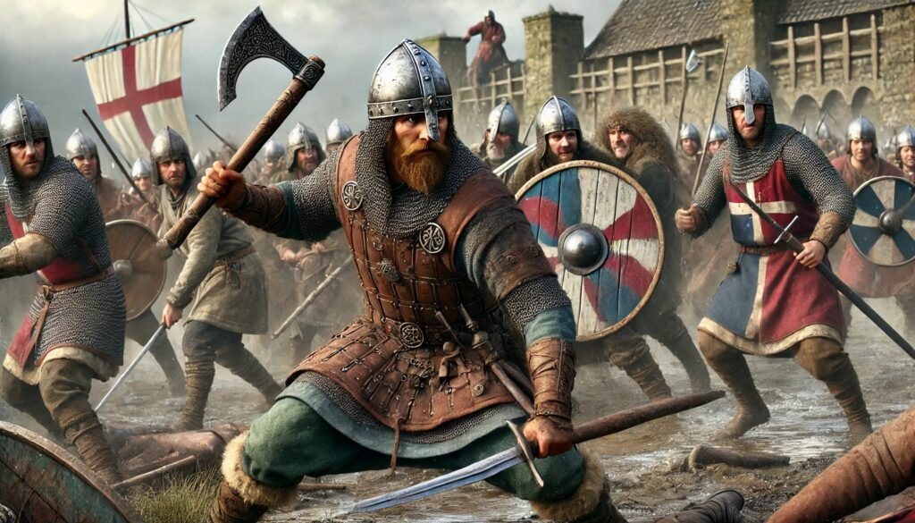 A historically accurate Viking warrior engaged in battle against English soldiers, set in a medieval battlefield. The Viking is dressed in traditional